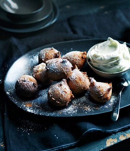Sour cherry fritters with boozy mascarpone