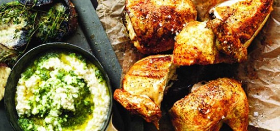 Roast Chicken with Pesto Risotto Stuffing and Cheesy Field Mushrooms