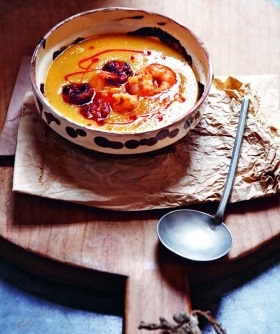 Chickpea soup with seared prawns and chorizo