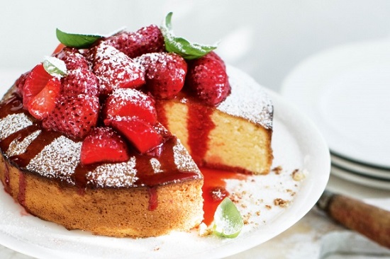 Basil & Lemon Olive Oil Cake with Stawberries in Syrup