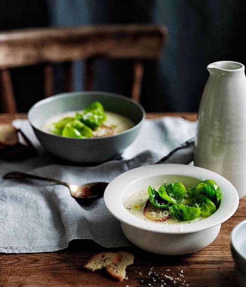 Parsnip and apple soup with crisp Brussels sprouts