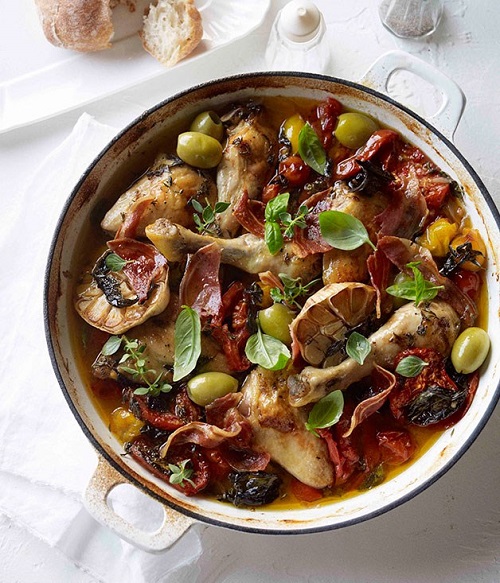 Tomato and pancetta roast chicken with green olives