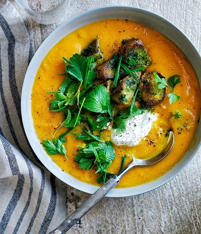 Carrot Soup with herb chapons & yoghurt